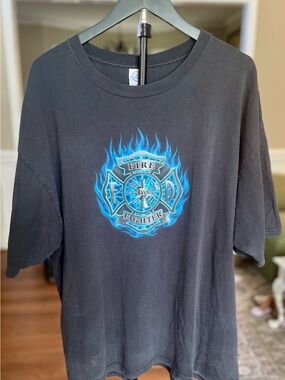 Vintage Delta Black Firefighter Shirt with Blue Flame Logo, Size 2XL